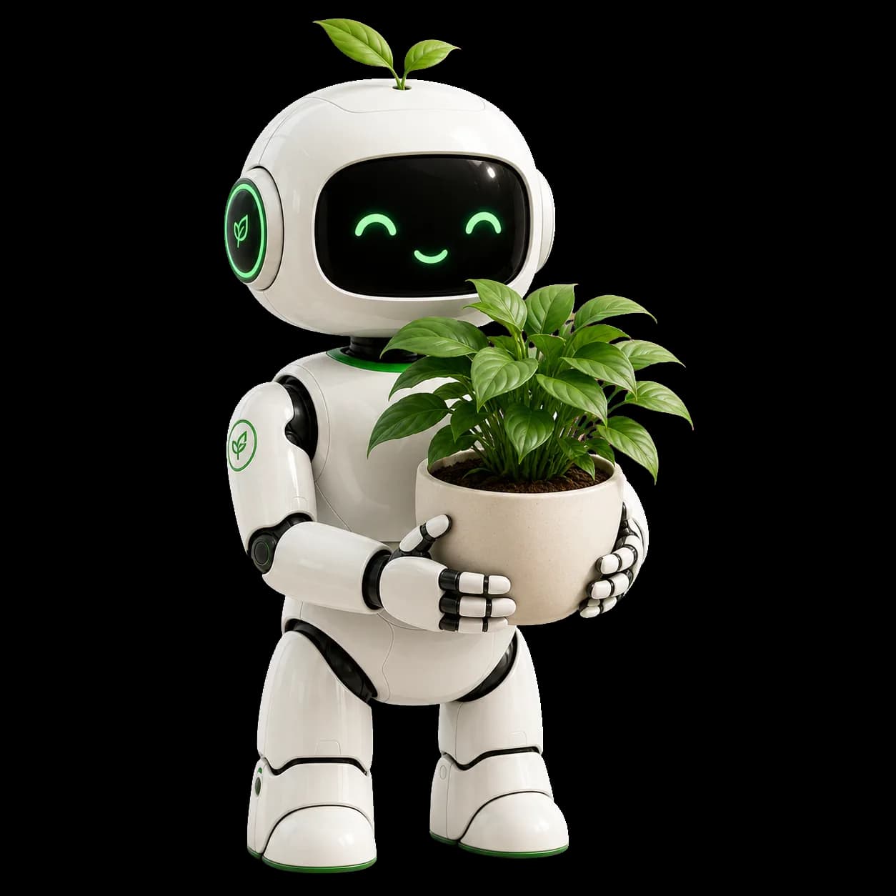 Arviron robot mascot holding a potted plant