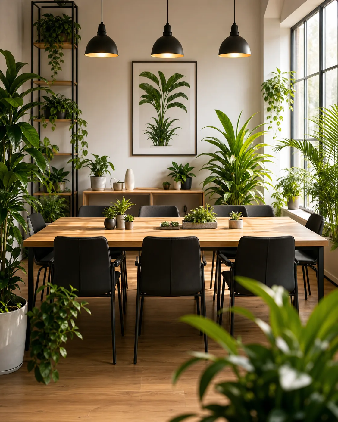 A bright meeting space surrounded by greenery