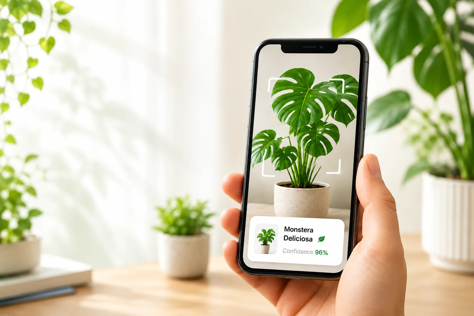 A monstera leaf being identified by the Arviron app