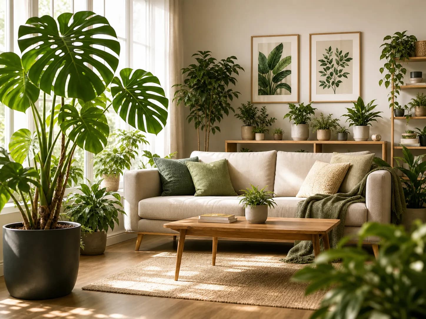 A plant-filled living room