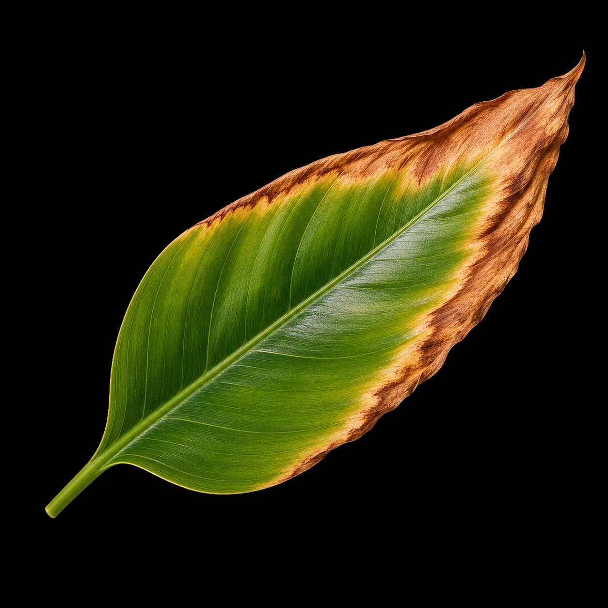 A green leaf with dry brown edges and tips