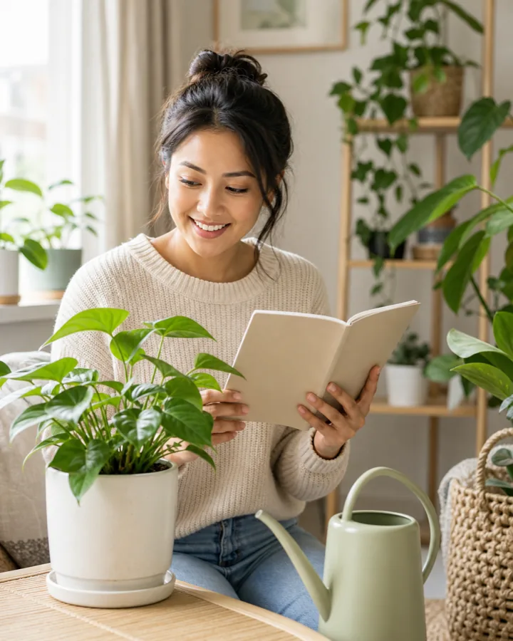 A plant owner watering a houseplant